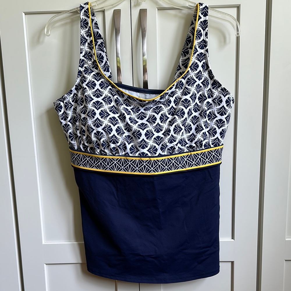 Lands' End Navy, White & Yellow Patterned Tankini Top